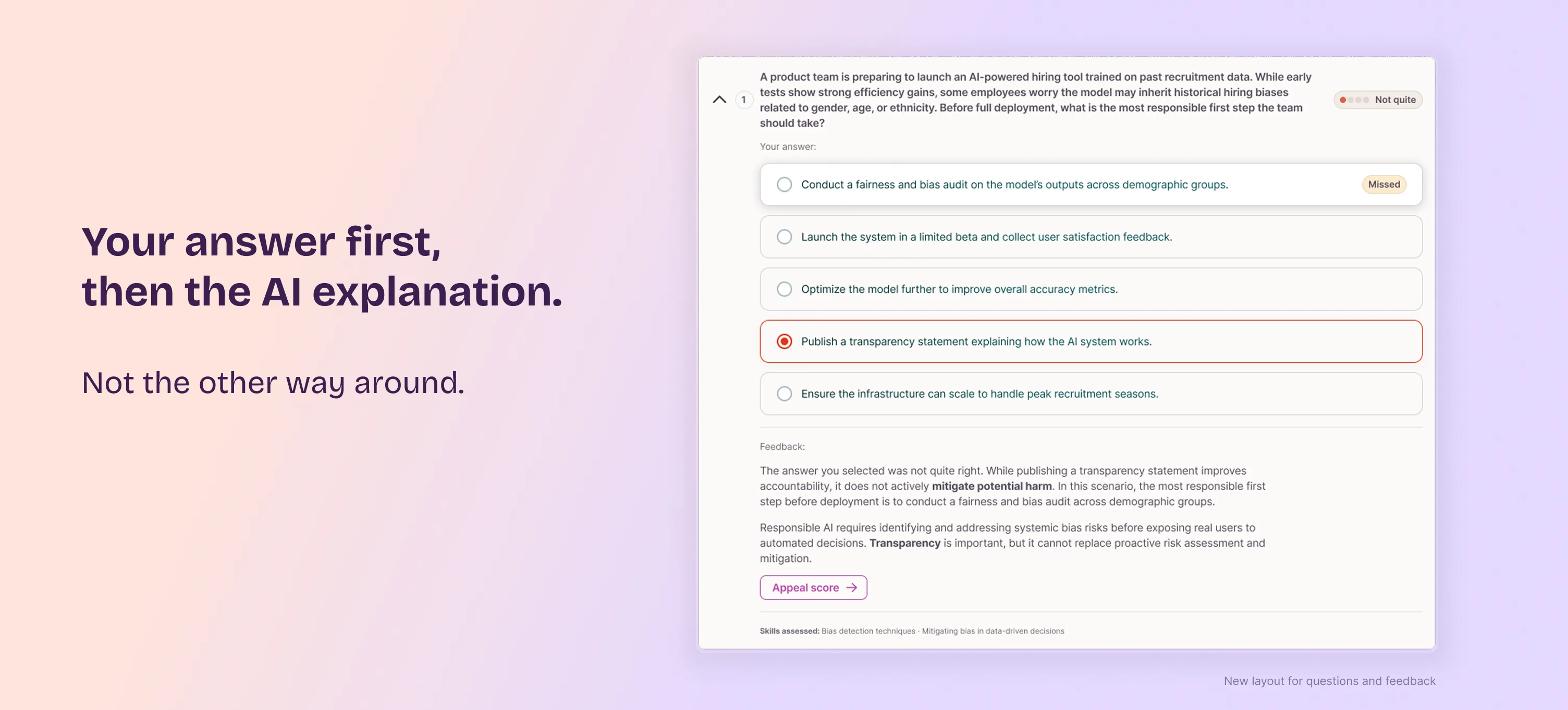Per-question feedback, your answer first, then AI explanation