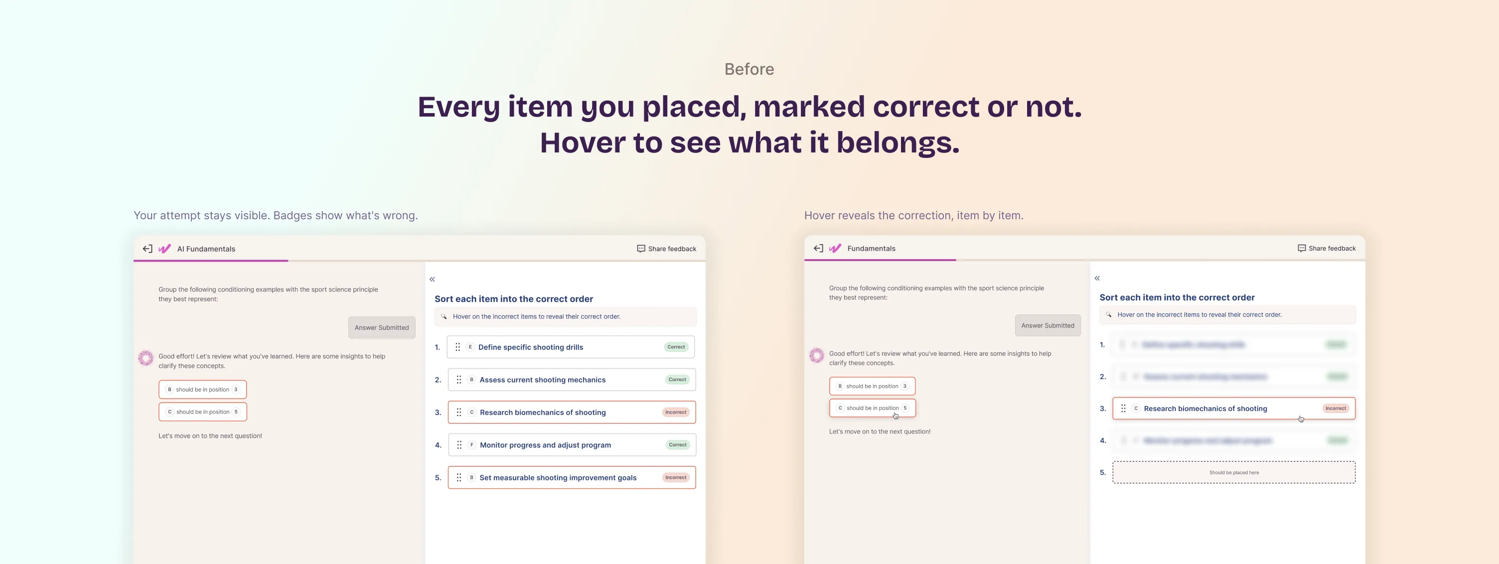 After: Correct / Incorrect badges on the user's own attempt, hover to reveal correction