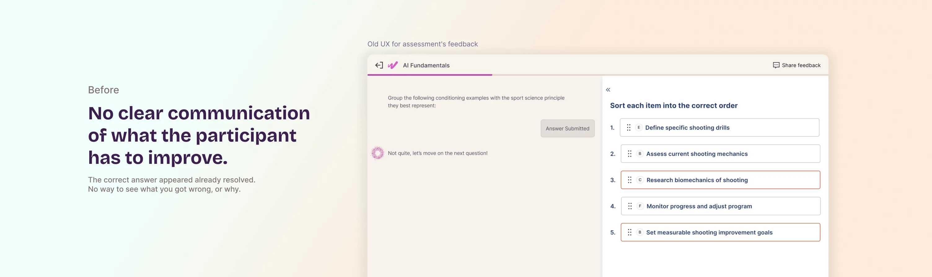 Before: correct answer shown without the user's attempt