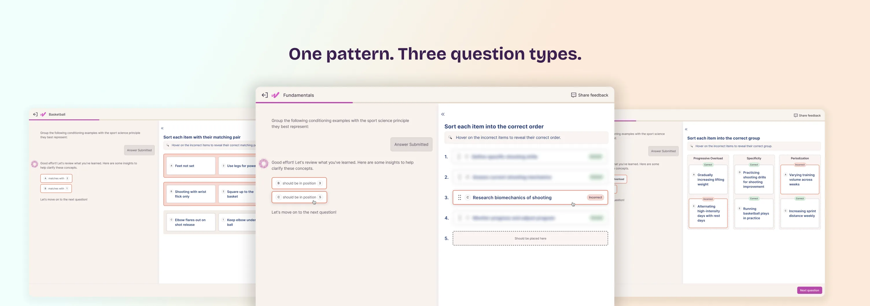 The same pattern applied across all three question types: matching, ordering, and grouping