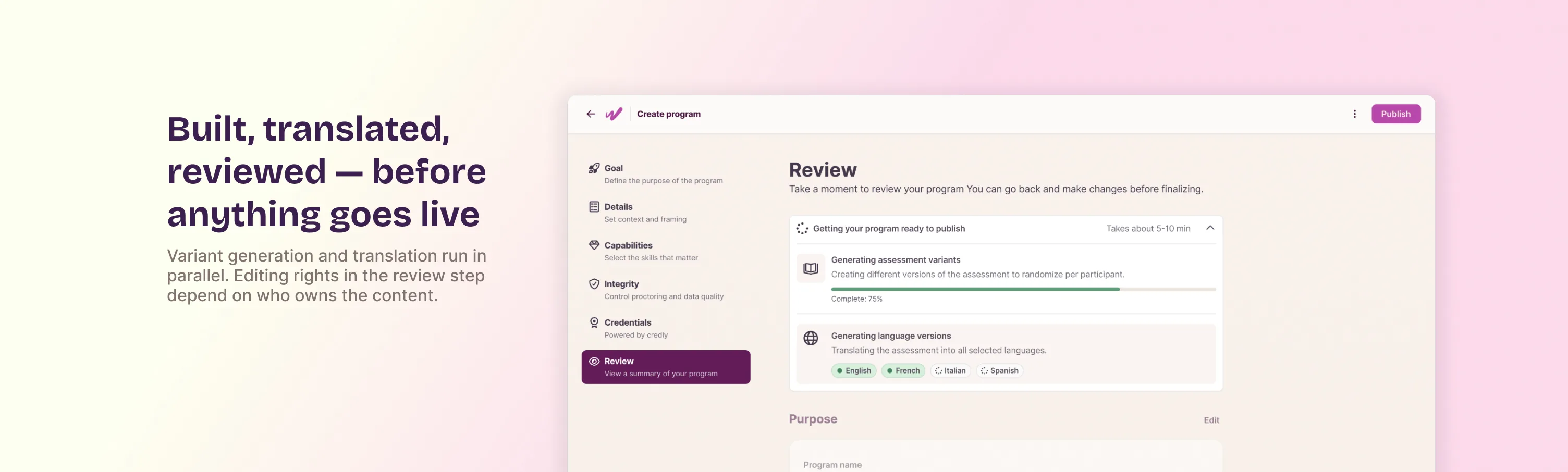 Loading state showing variant generation and translation running in parallel, followed by the admin review screen with locked and editable content