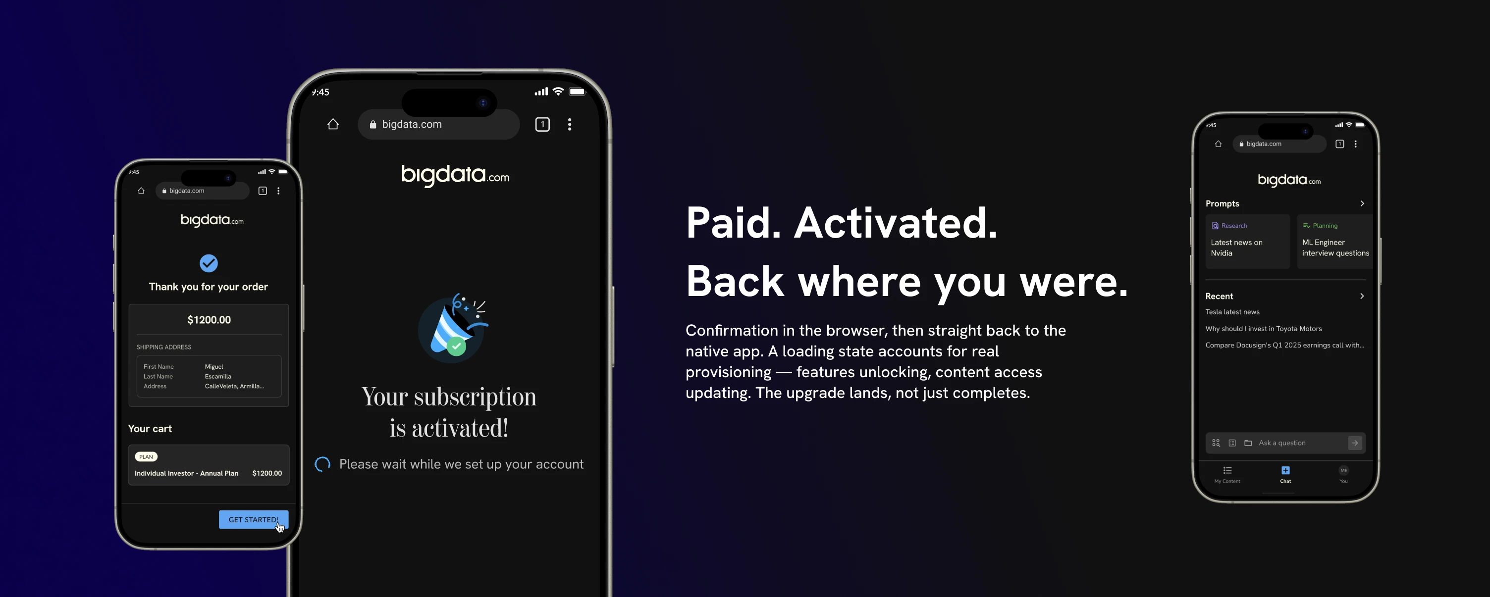 Subscription activated screen with confetti icon and loading indicator