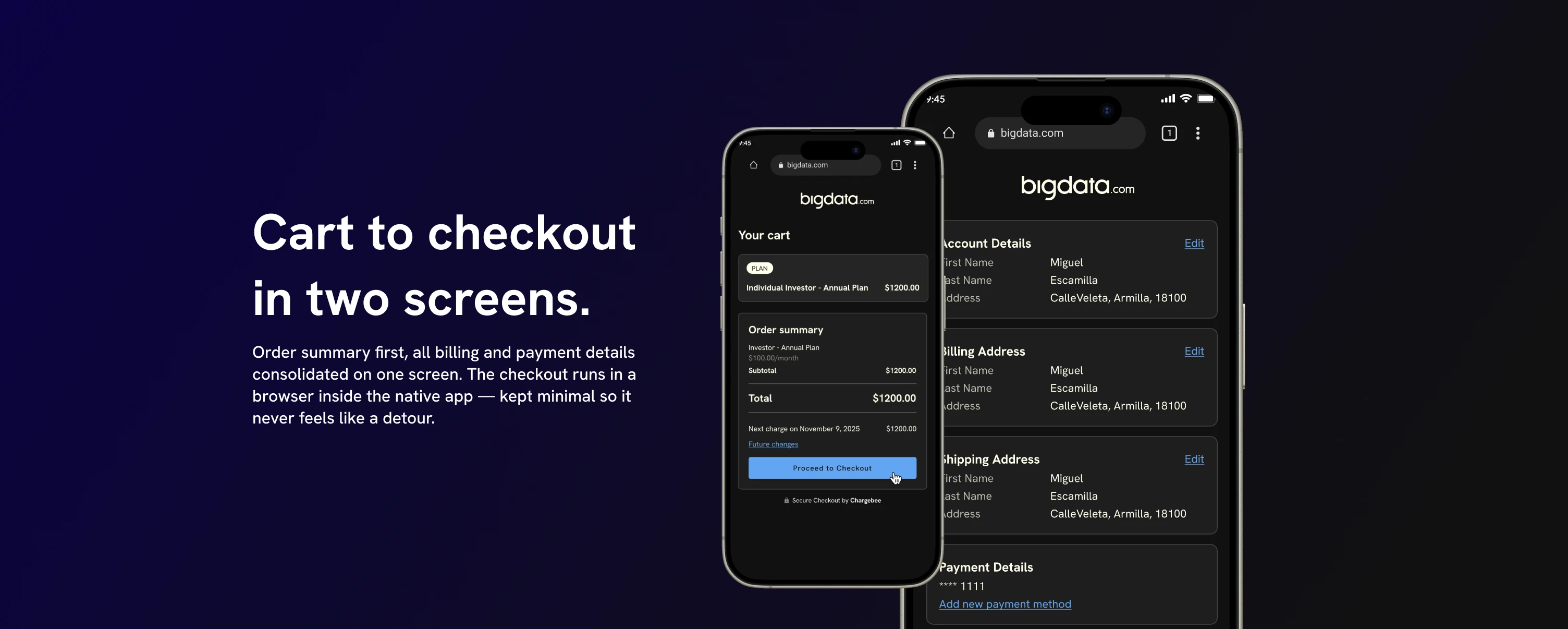 Cart and checkout screens: order summary, billing details, payment method
