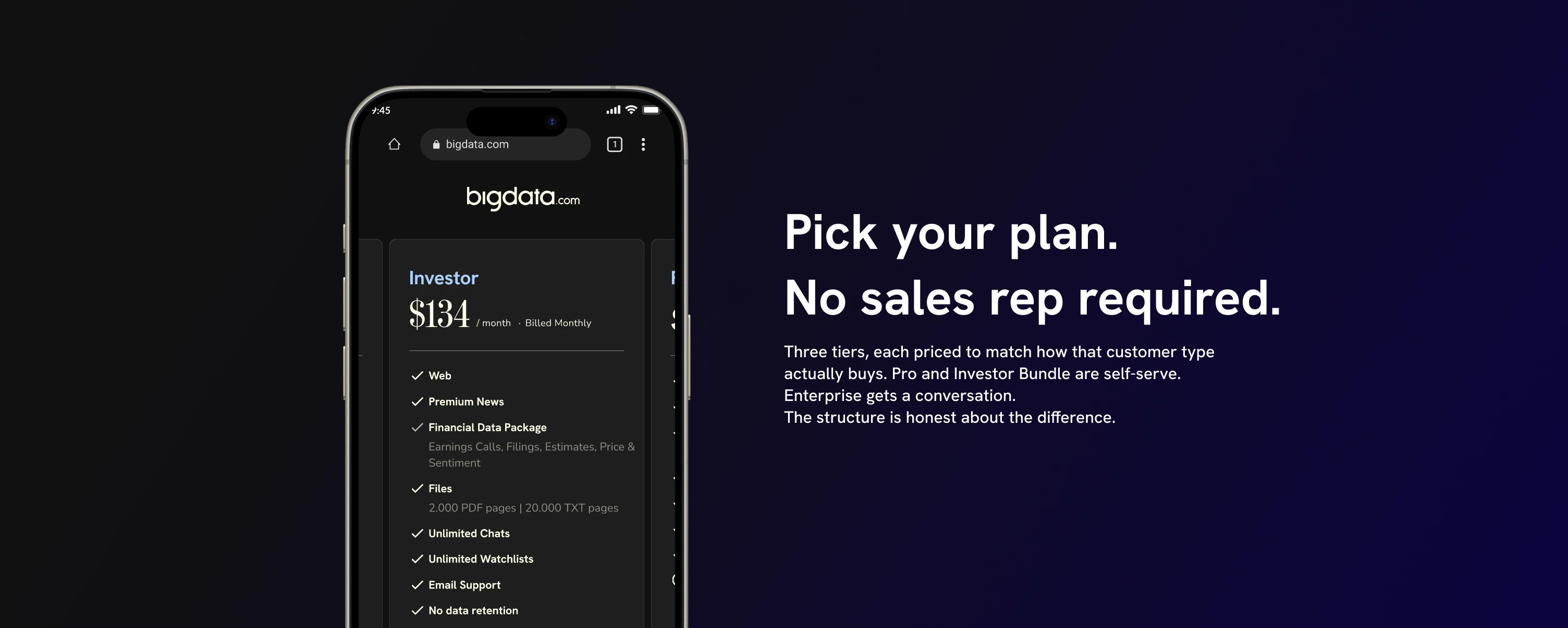 Bigdata plan selector on desktop showing Pro, Pro + Investor Bundle, and Enterprise tiers