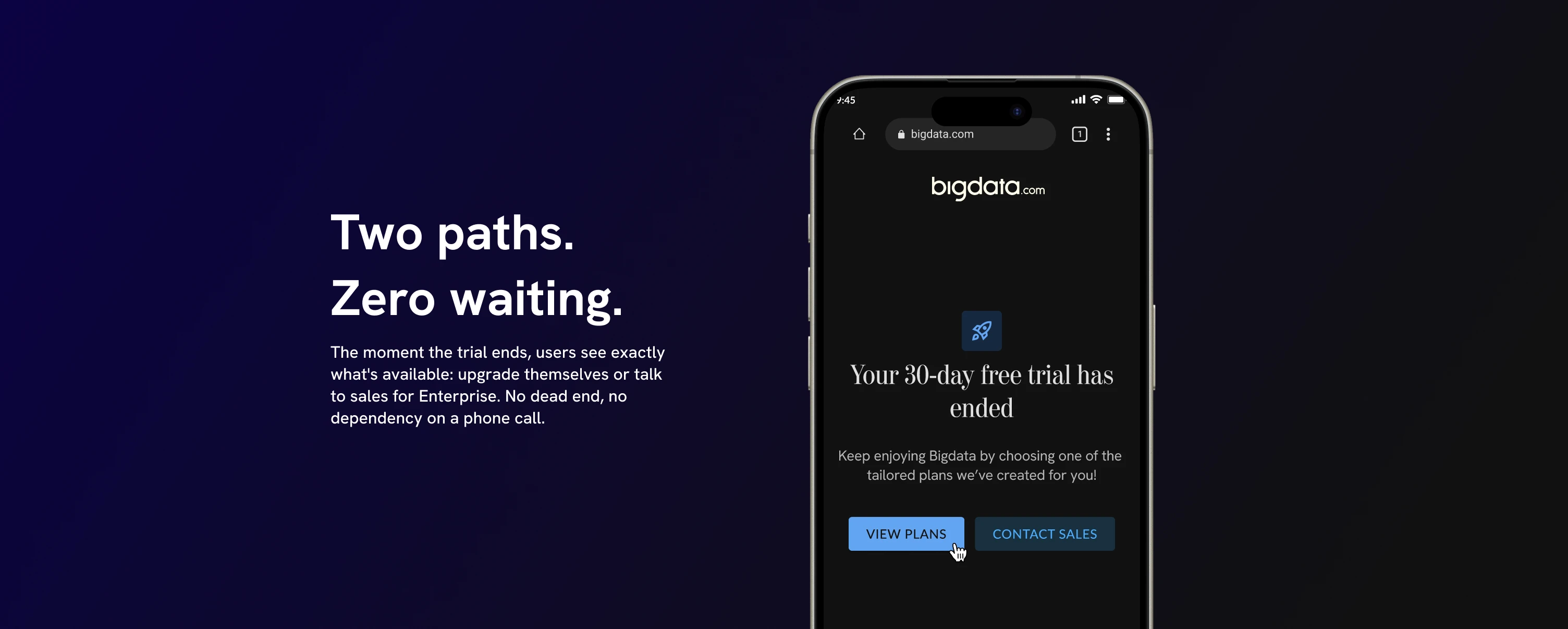 Trial ended screen showing two paths: Manage Account and Contact Sales
